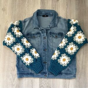 DG2 by Diane Gilman Upcycled Blue Jean Jacket with Crochet Floral SweaterSleeves